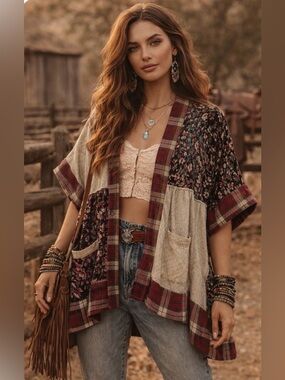 NEW! Young Threads 🌼 Patchwork Kimono Jacket Boho Mixed Print Oversized M NWT